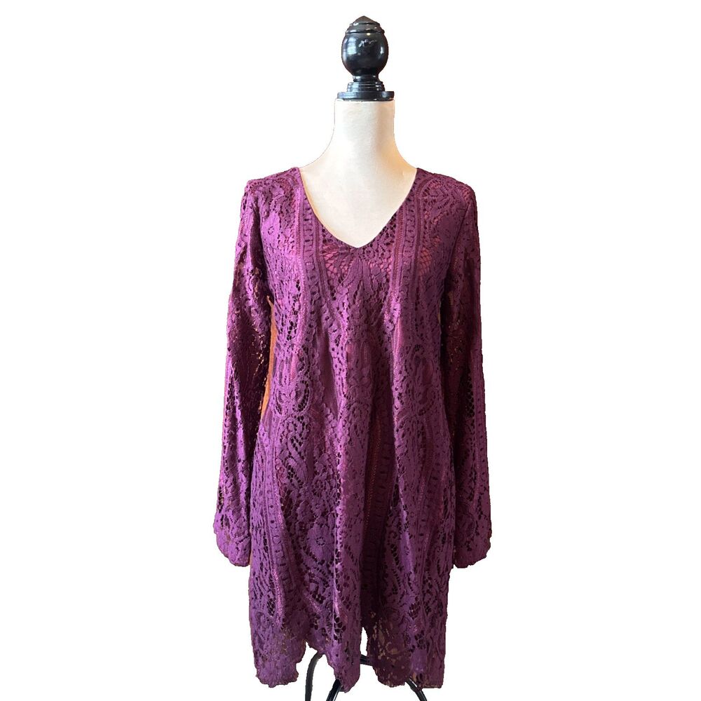 Dress Francescas Long Sleeve V- Neck Reddish Brown Lace Overlay Women/Tunic - M